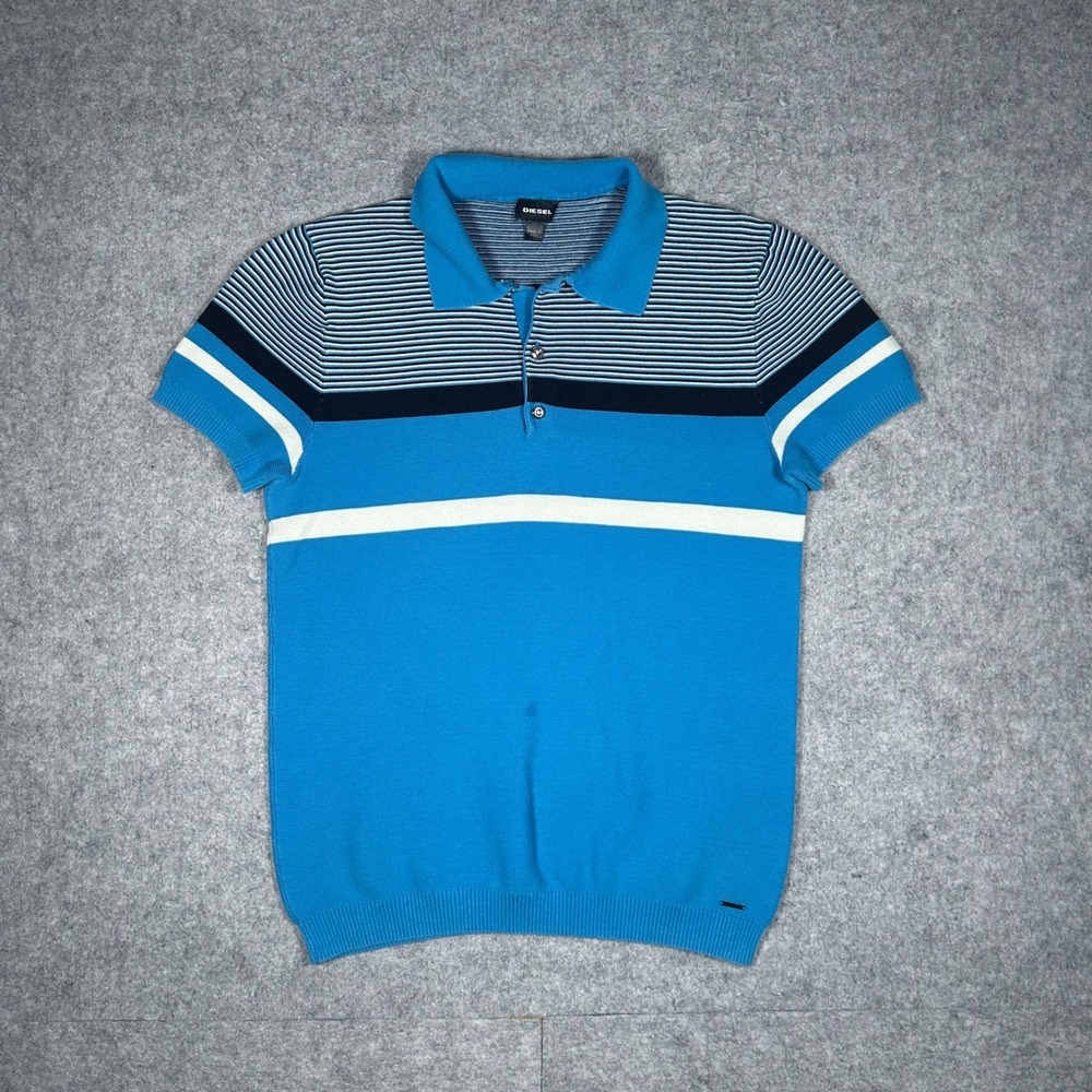 Diesel Polo Shirt Mens Large Blue Striped Knit Y2K Casual Designer Top